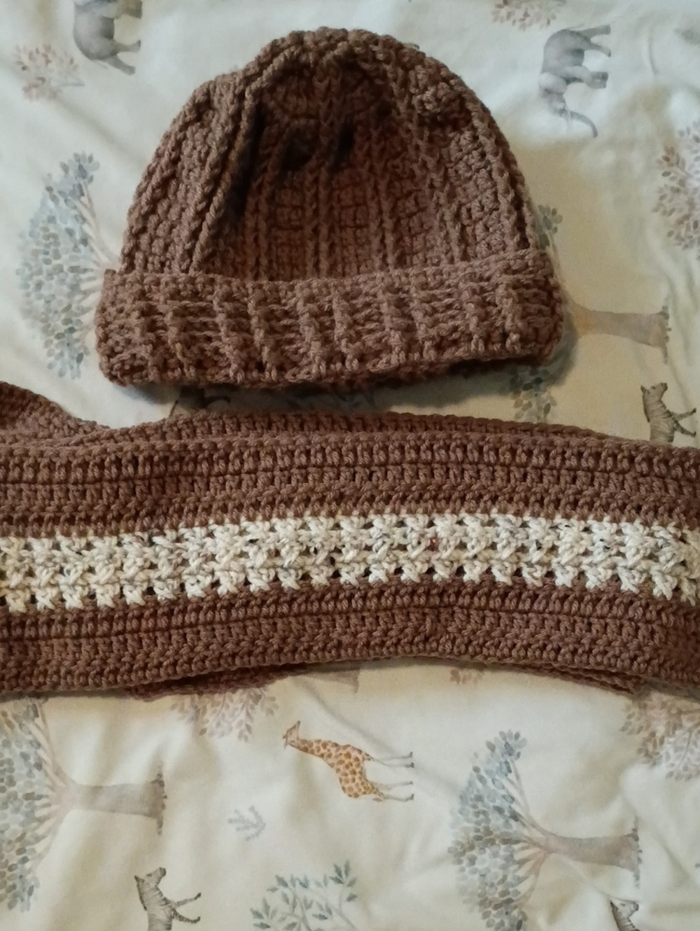 Cozy Brown & Cream Crochet Scarf and Beanie Set
